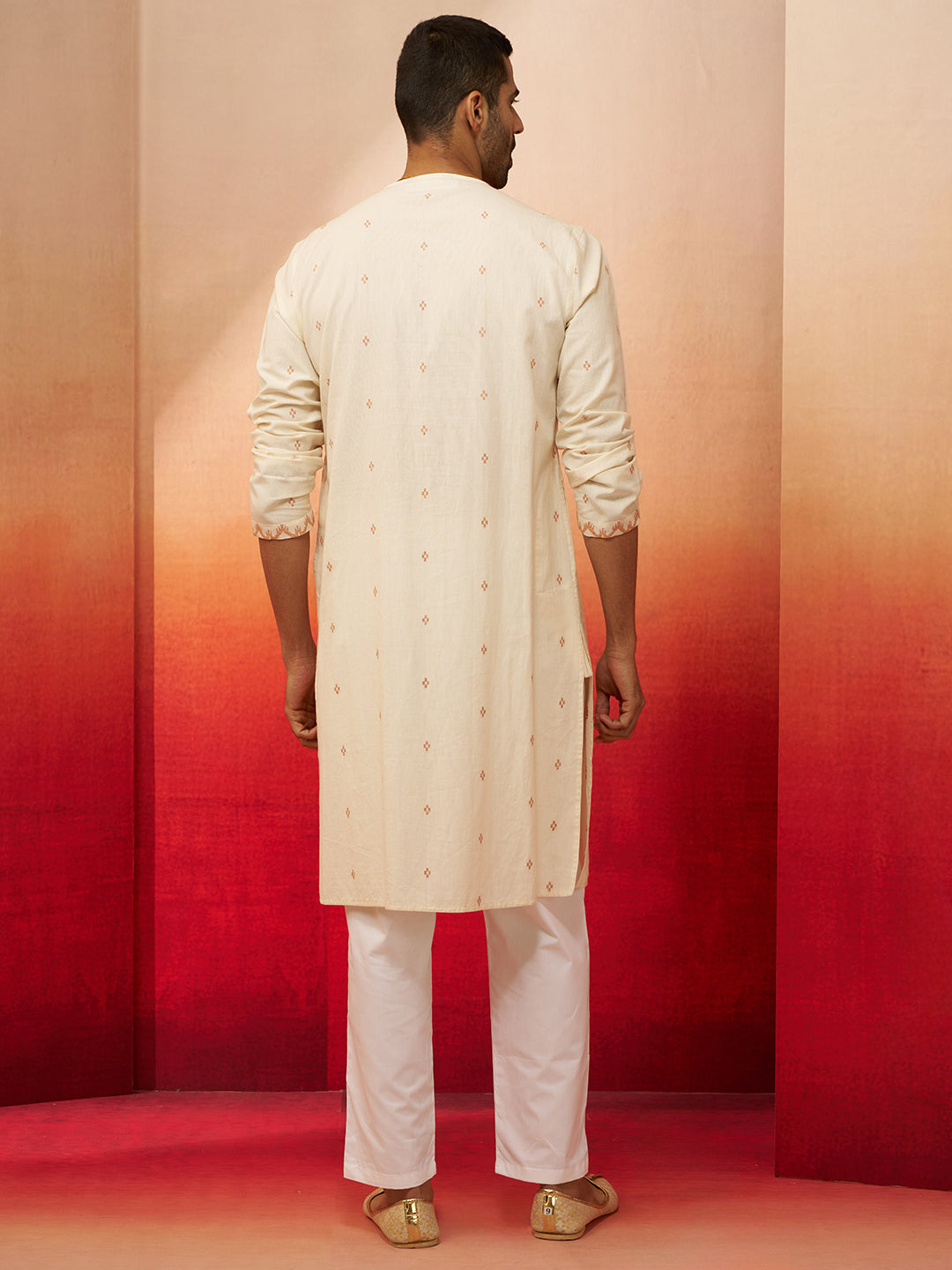 Men's White Rust Jamdani Kurta Pyjama Set