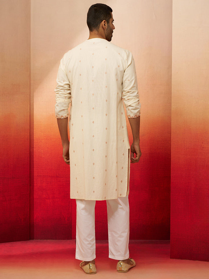 Men's White Rust Jamdani Kurta Pyjama Set