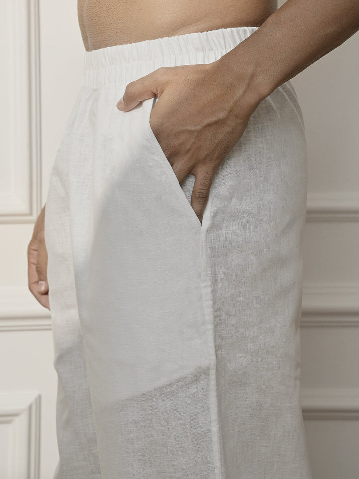 Men White Cotton Linen Pathani Kurta With Palazzo Set