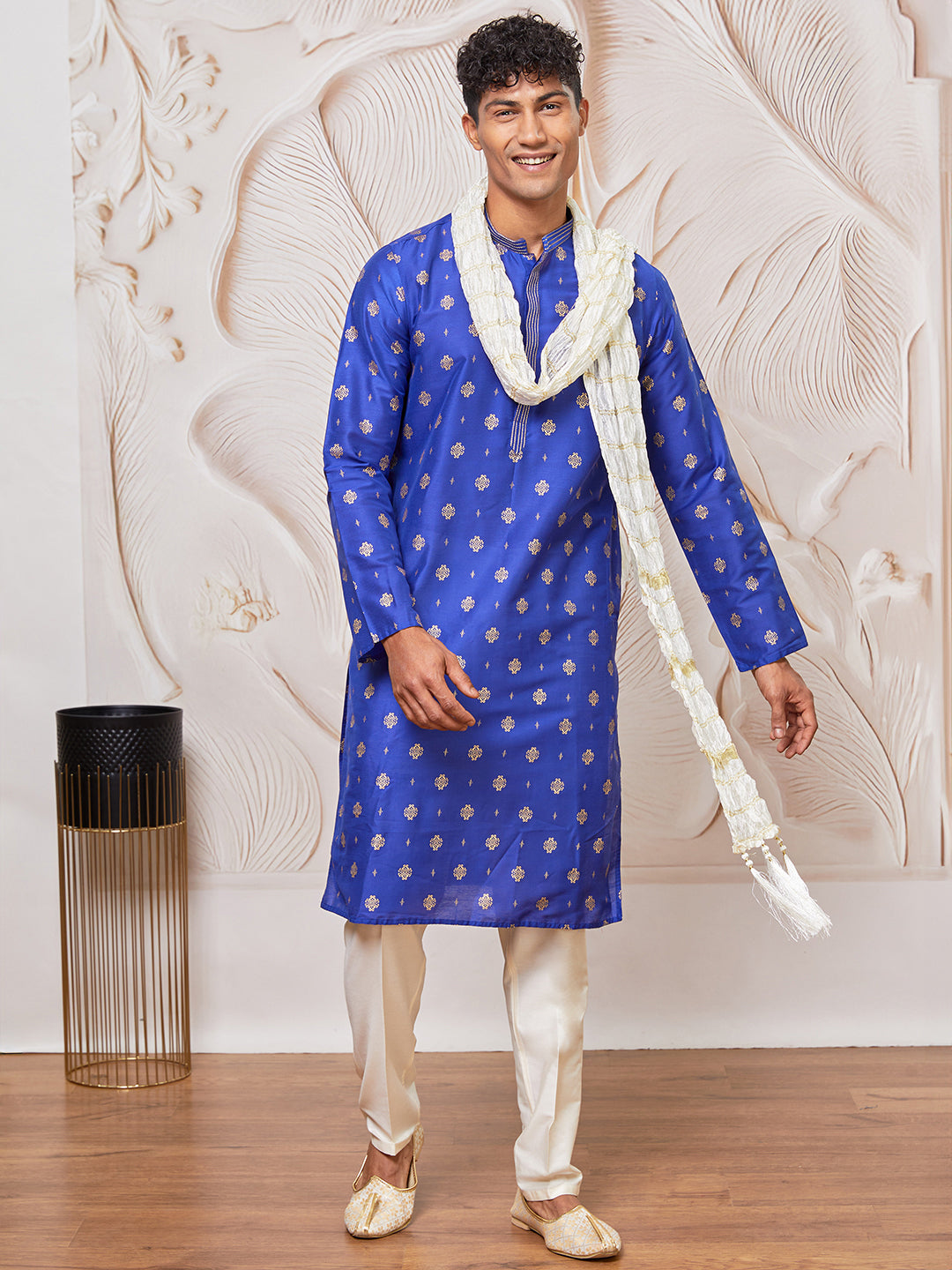 Men's Royal Blue Silk Blend Kurta,Pant And Dupatta Set