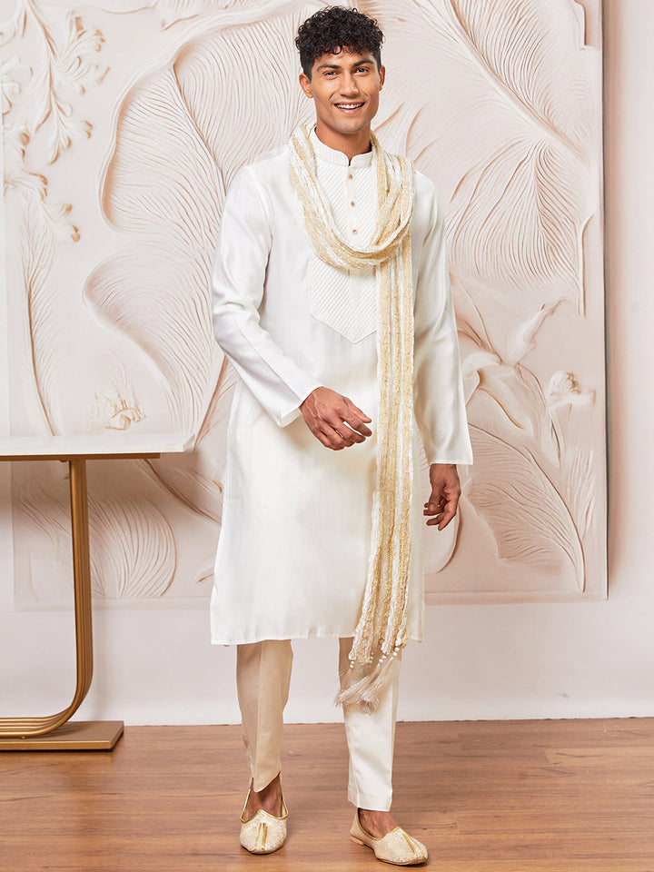 Men's White Silk Blend Kurta, Pant And Dupatta Set