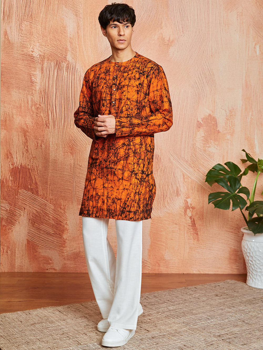Men's Orange Cotton Kurta And Pyjama Set