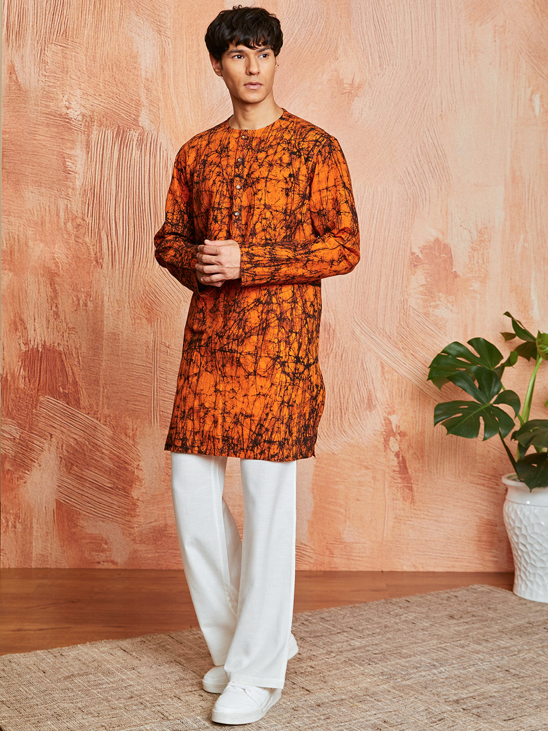 Men's Orange Cotton Kurta And Pyjama Set