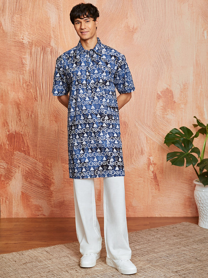 Men's Blue Cotton Kurta And Pyjama Set
