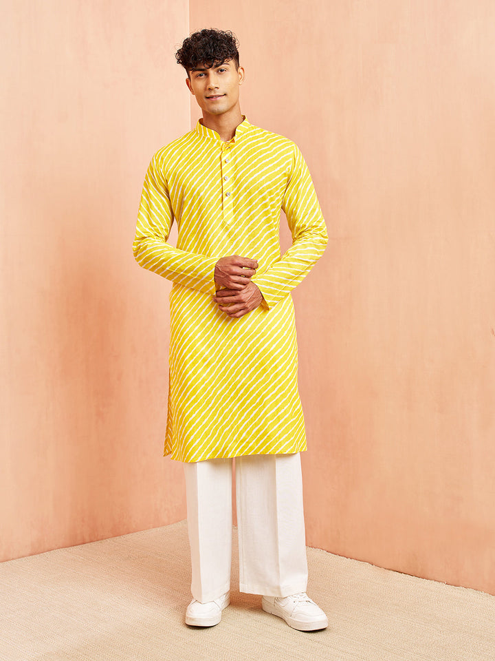 Men's Yellow Lahariya Print Kurta with White Pant Set