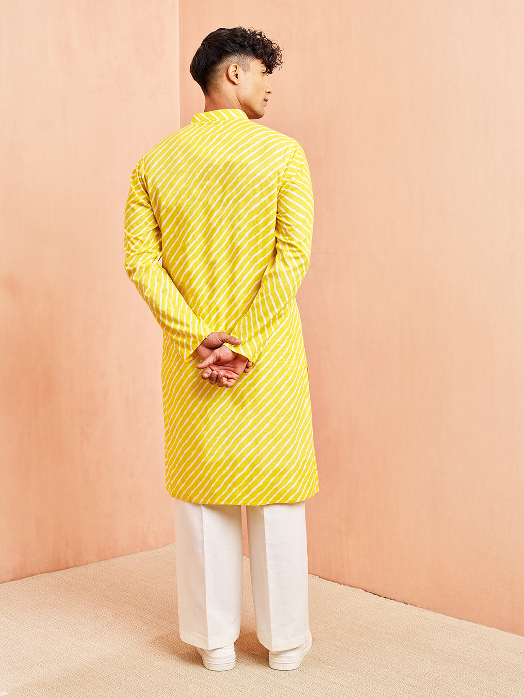 Men's Yellow Lahariya Print Kurta with White Pant Set