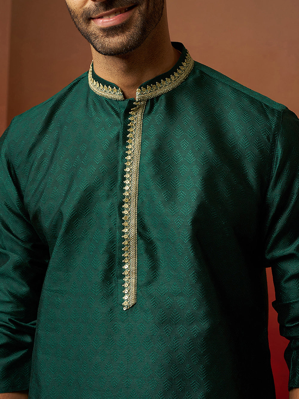 Men Bottle Green Silk Anmol Jacquard Kurta