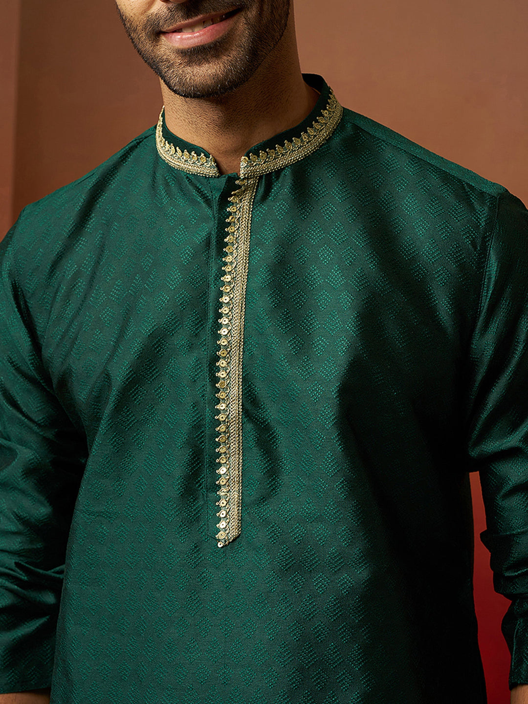 Men Bottle Green Silk Anmol Jacquard Kurta
