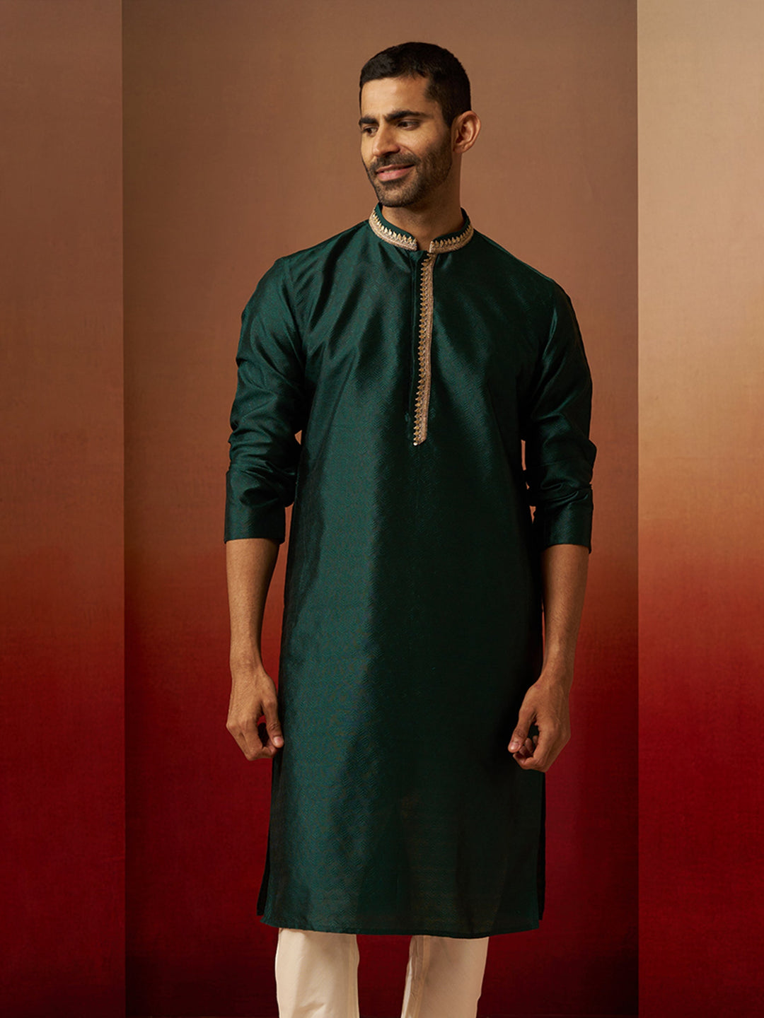 Men Bottle Green Silk Anmol Jacquard Kurta