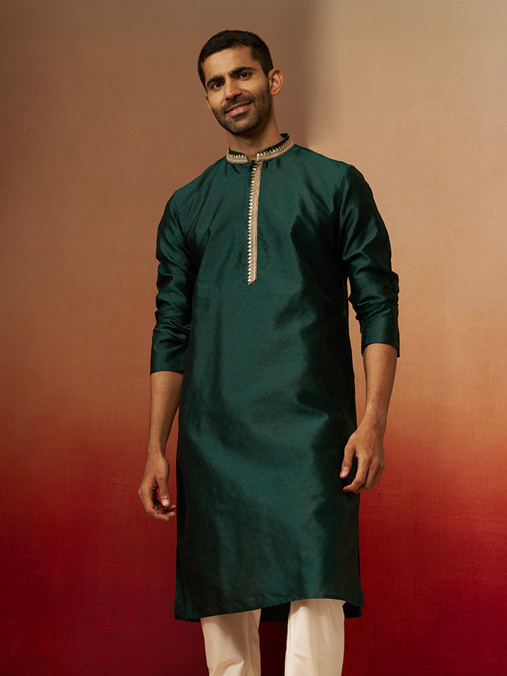 Men Bottle Green Silk Anmol Jacquard Kurta