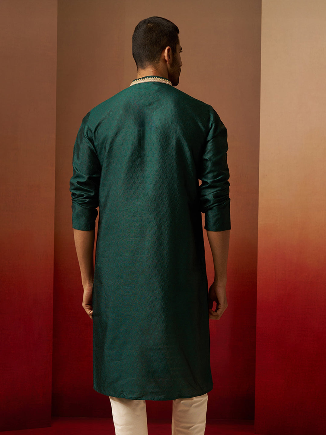 Men Bottle Green Silk Anmol Jacquard Kurta