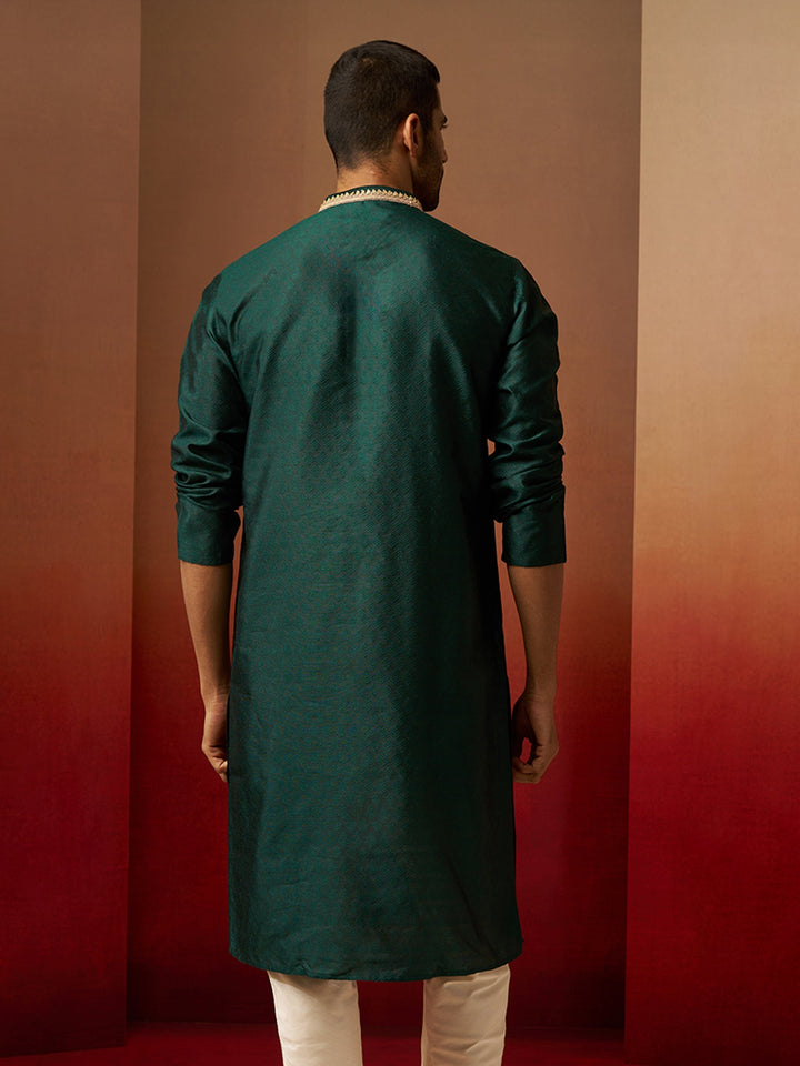 Men Bottle Green Silk Anmol Jacquard Kurta