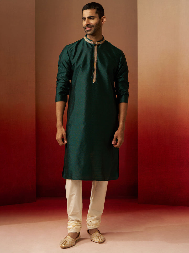 Men Bottle Green Silk Anmol Jacquard Kurta
