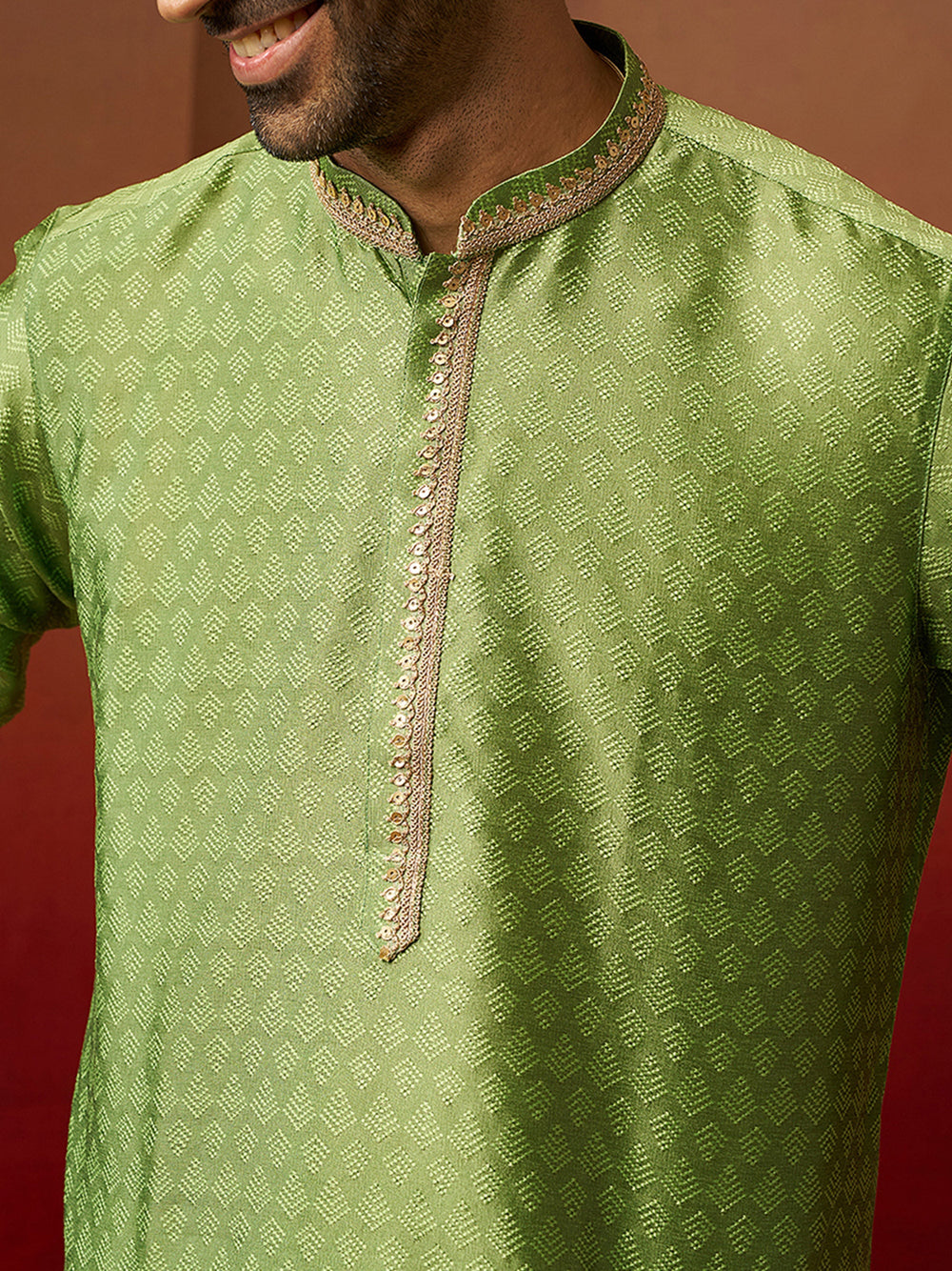 Men Green Silk Anmol Jacquard Kurta