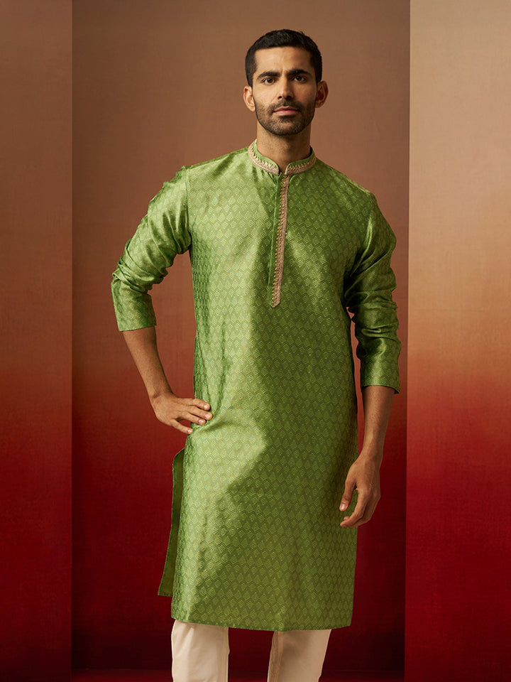 Men Green Silk Anmol Jacquard Kurta