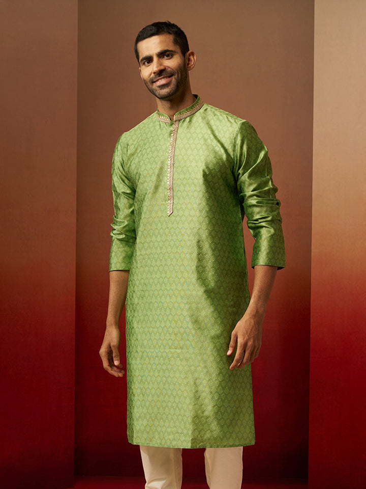 Men Green Silk Anmol Jacquard Kurta