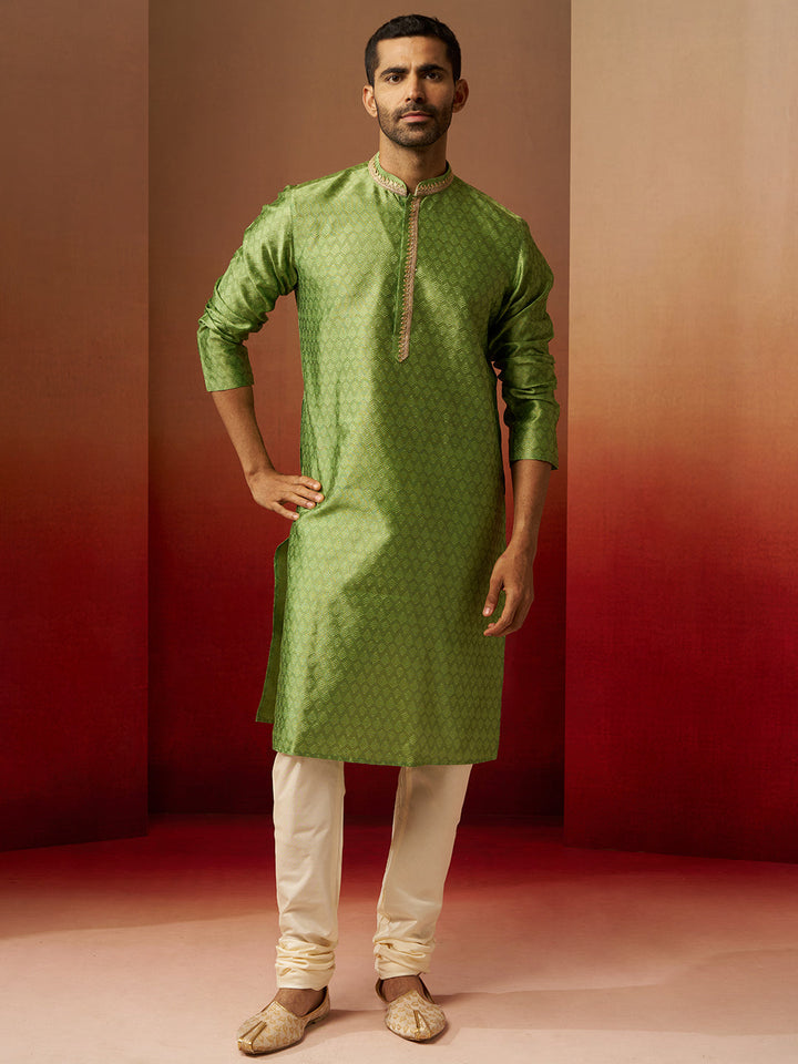 Men Green Silk Anmol Jacquard Kurta