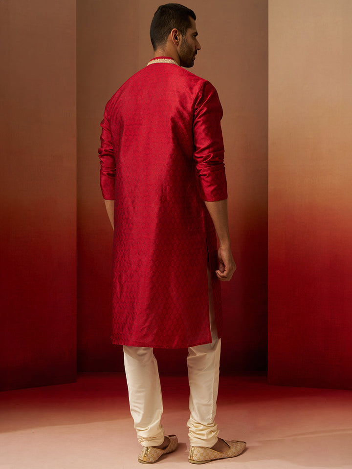 Men's Maroon Jacquard Kurta with Cream Churidar Set
