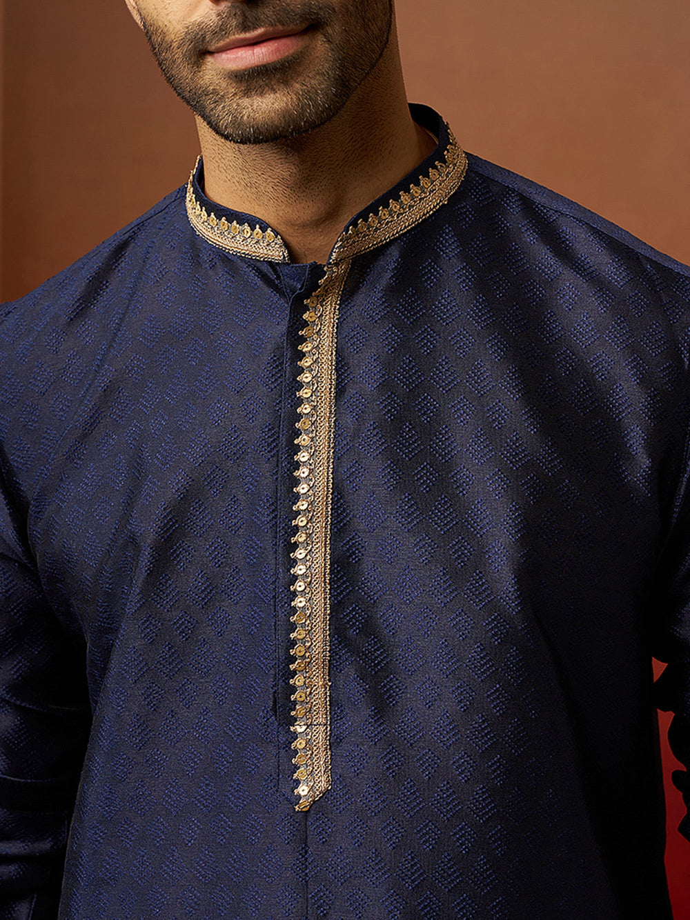 Men Navy Blue Silk Anmol Jacquard Kurta