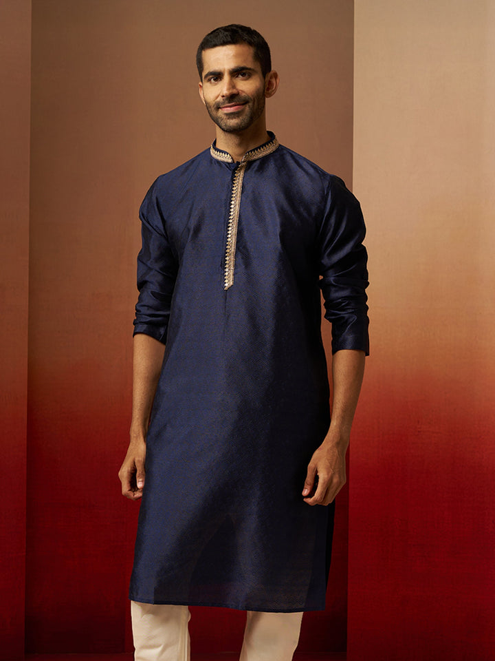 Men Navy Blue Silk Anmol Jacquard Kurta