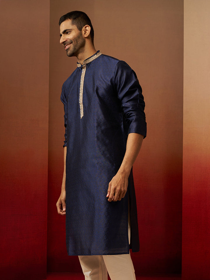 Men Navy Blue Silk Anmol Jacquard Kurta