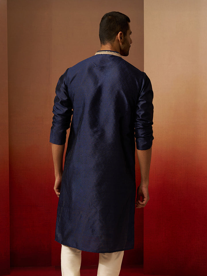 Men Navy Blue Silk Anmol Jacquard Kurta
