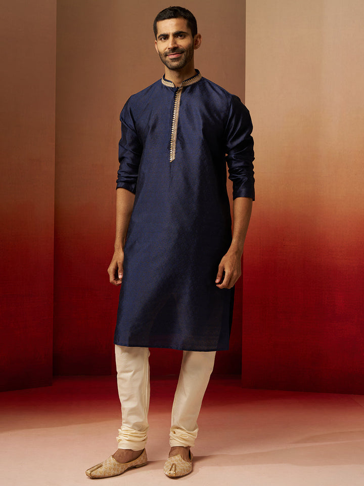 Men Navy Blue Silk Anmol Jacquard Kurta