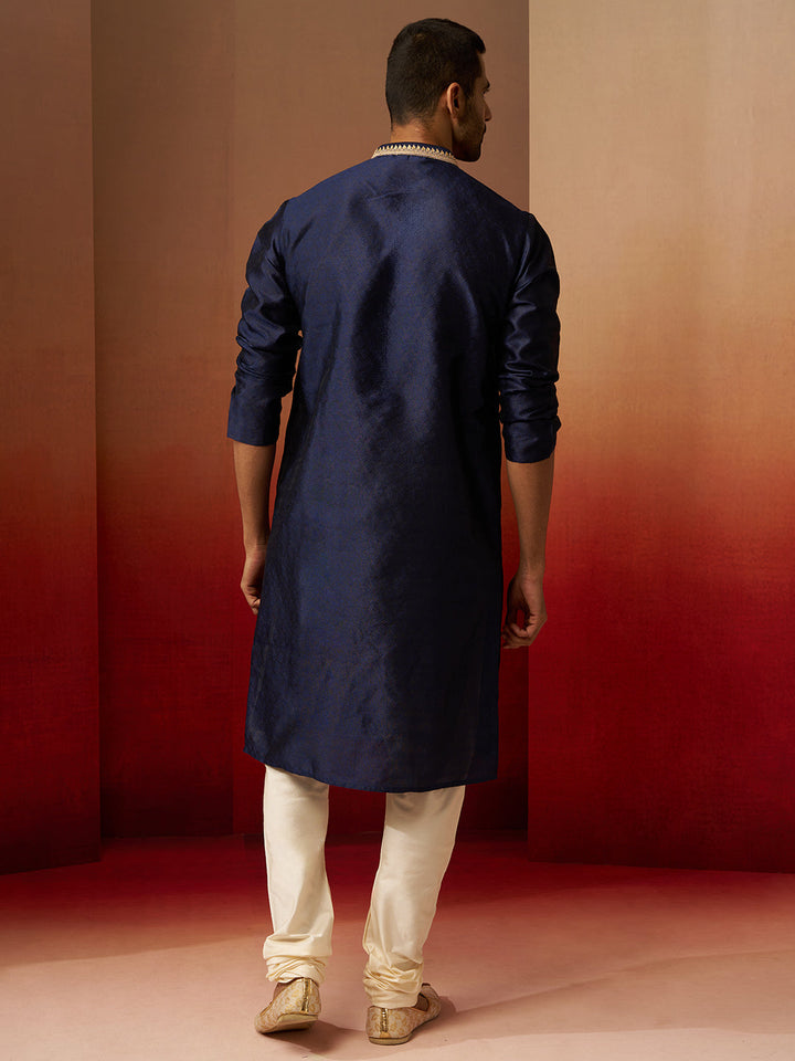 Men's Navy Blue Jacquard Kurta with Cream Churidar Set