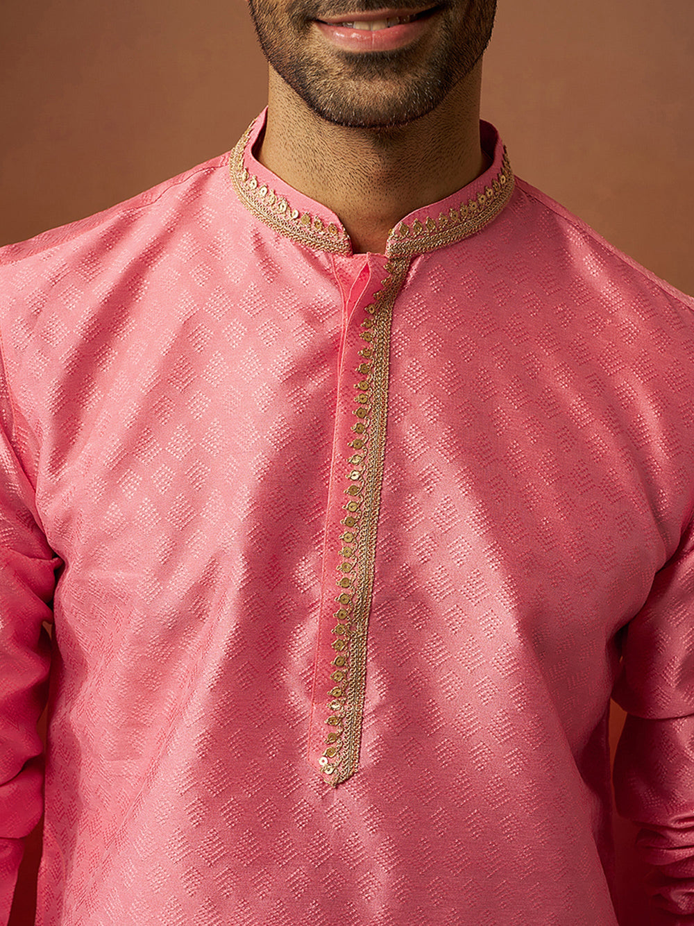 Men Pink Silk Anmol Jacquard Kurta
