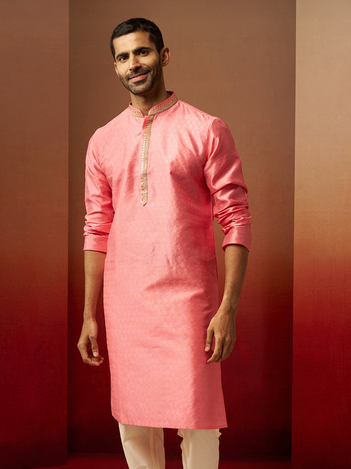 Men Pink Silk Anmol Jacquard Kurta