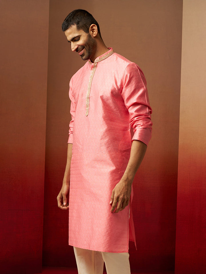 Men Pink Silk Anmol Jacquard Kurta