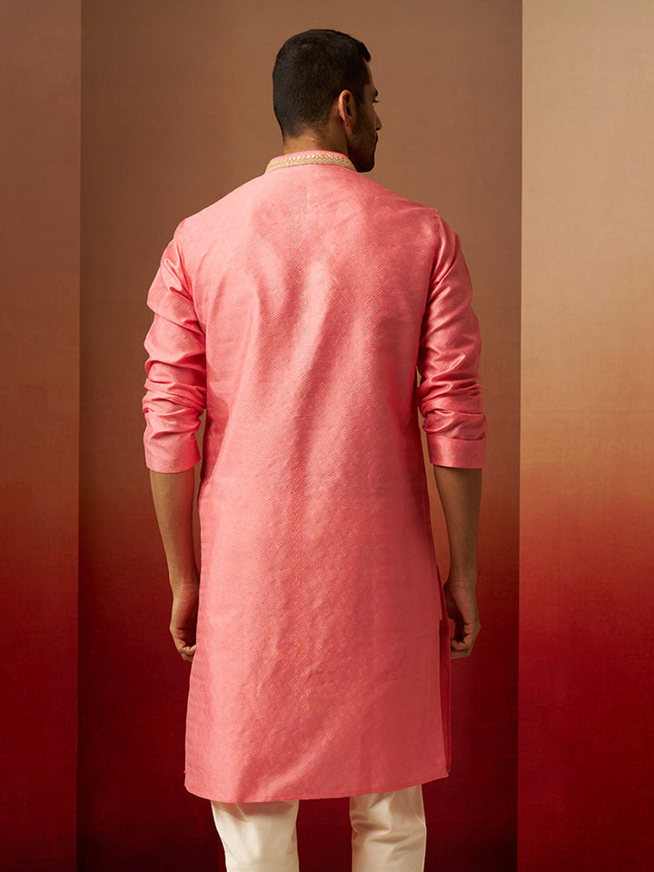 Men Pink Silk Anmol Jacquard Kurta