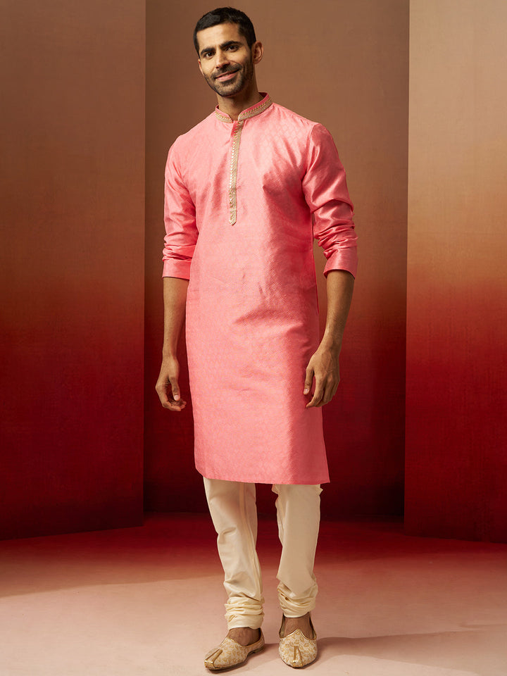 Men Pink Silk Anmol Jacquard Kurta