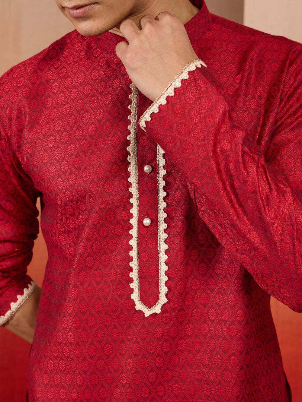 Men's Maroon Silk Jacquard Kurta