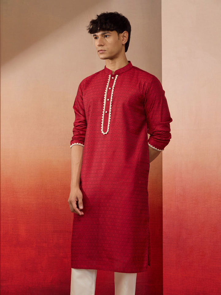 Men's Maroon Silk Jacquard Kurta