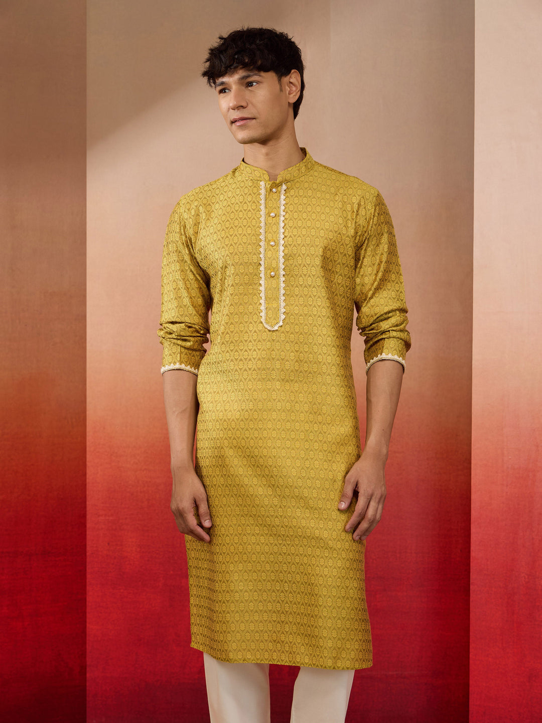 Men's Yellow Silk Jacquard Kurta