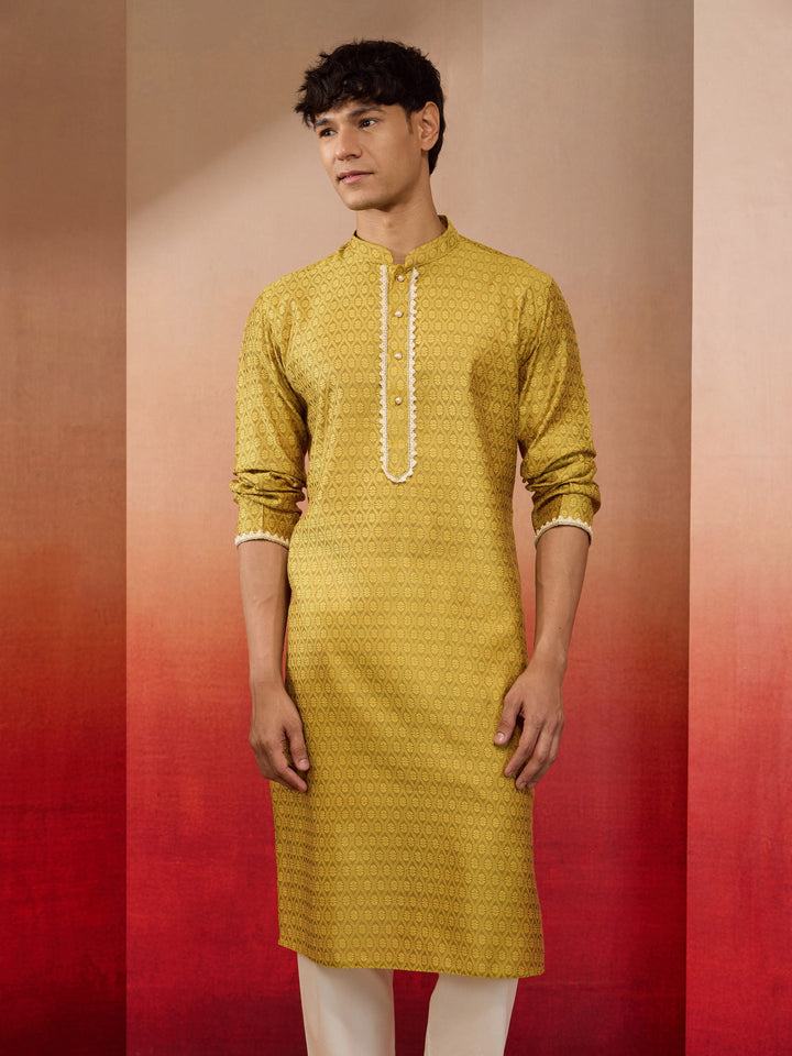 Men's Yellow Silk Jacquard Kurta