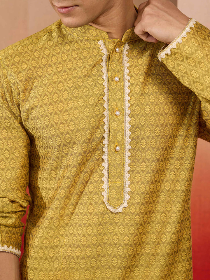 Mens Yellow Jacquard Kurta with Pyjama