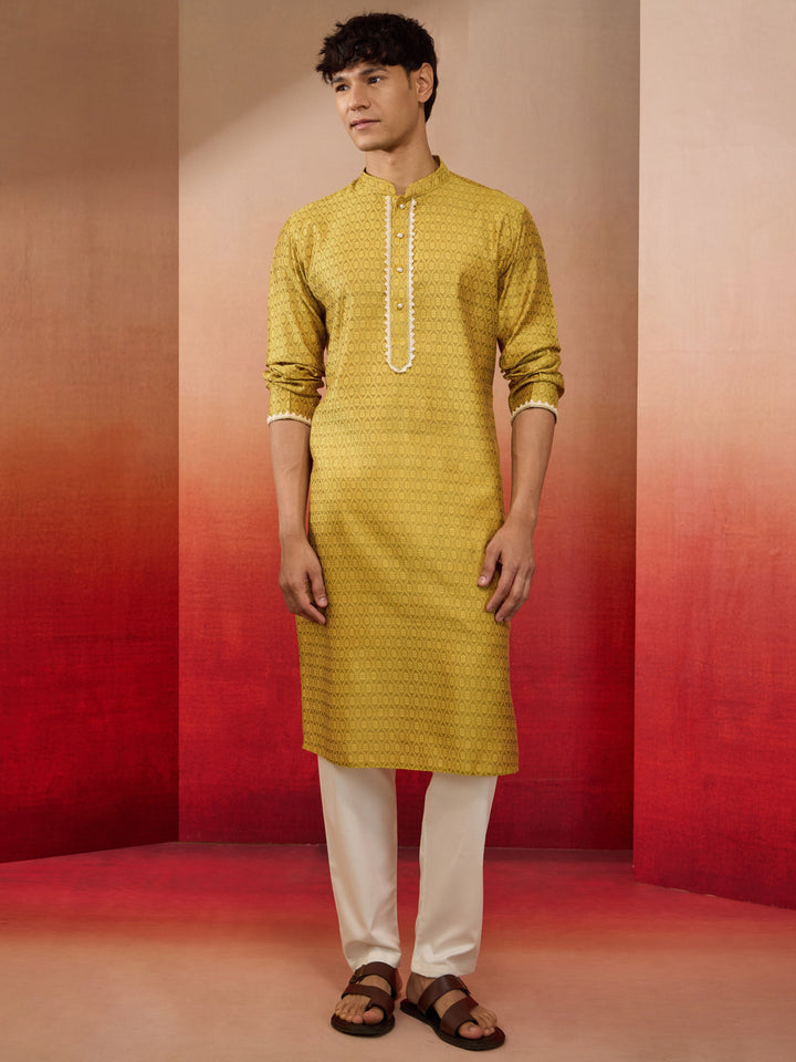 Mens Yellow Jacquard Kurta with Pyjama