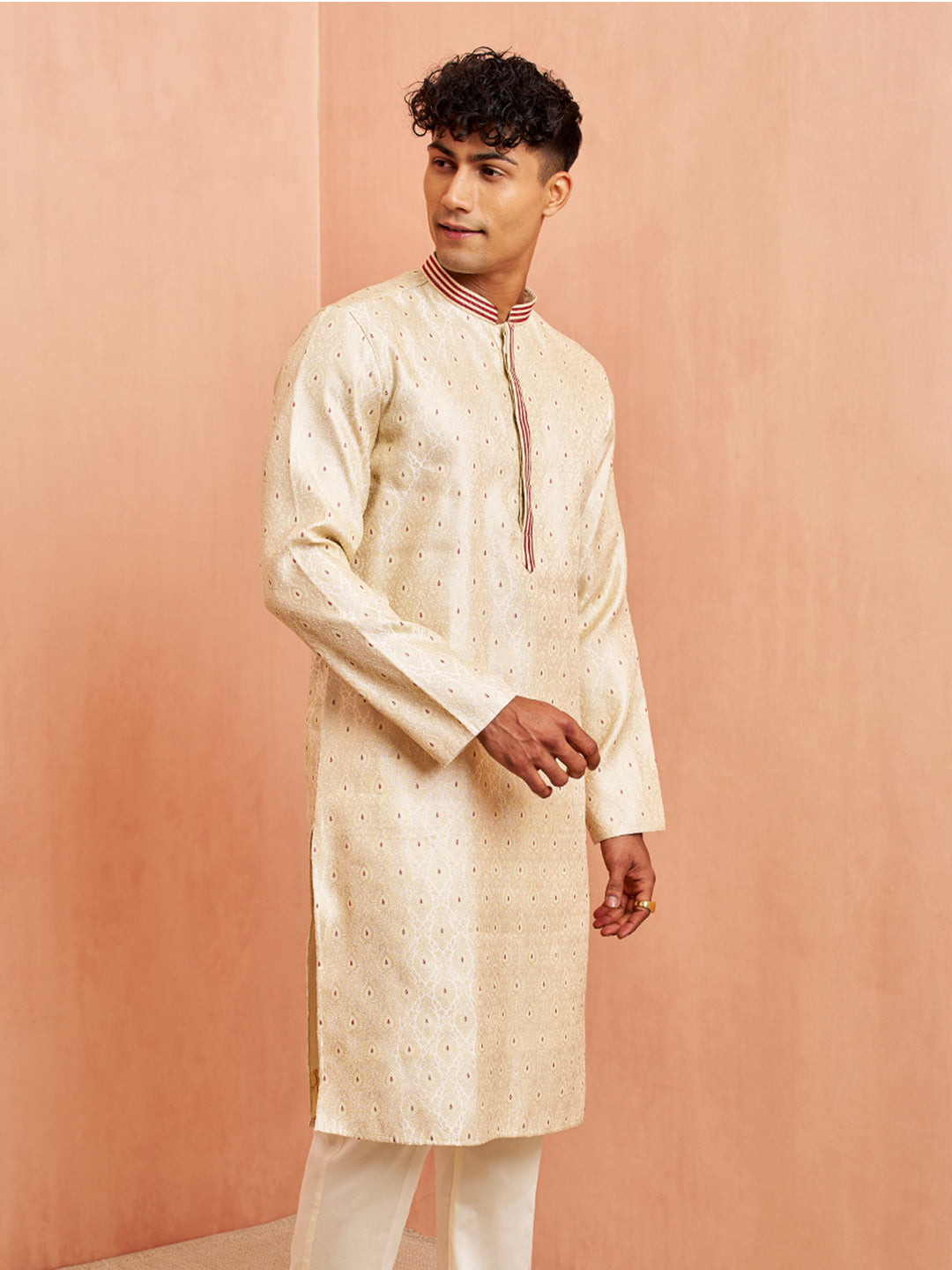 Men's Cream Silk Blend Long Kurta Jacquard Maroon Motif Mandarin Collar