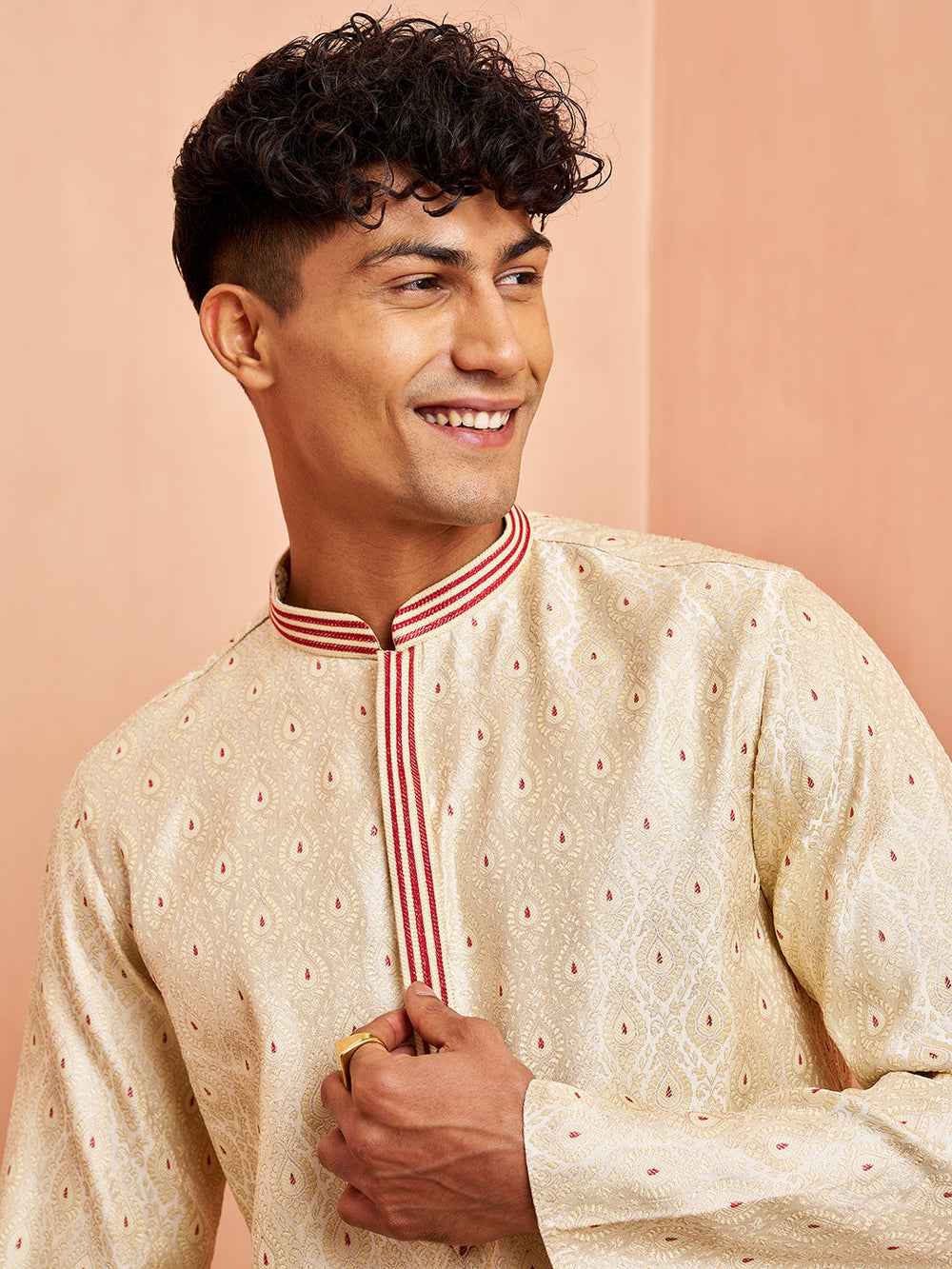 Men's Cream Silk Blend Long Kurta Jacquard Maroon Motif Mandarin Collar