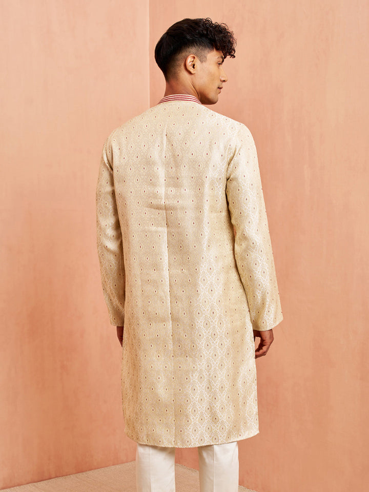 Men's Cream Silk Blend Long Kurta Jacquard Maroon Motif Mandarin Collar