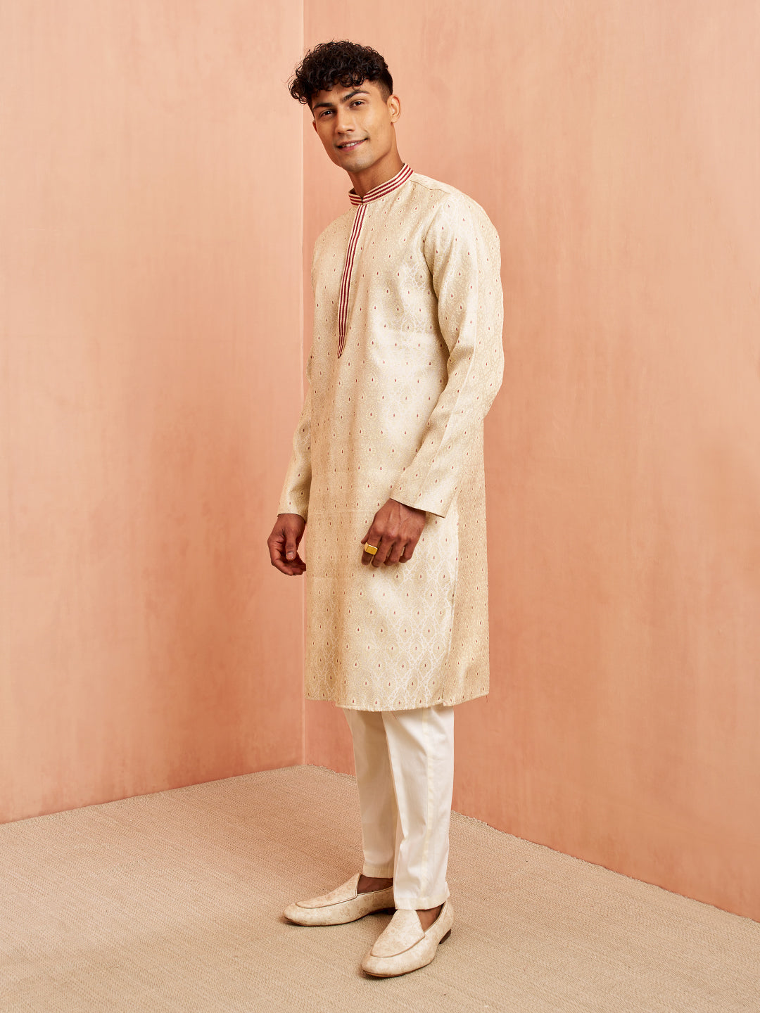 Men's Cream Maroon Jacquard Kurta Pyjama Set Zari Embroidery Wedding