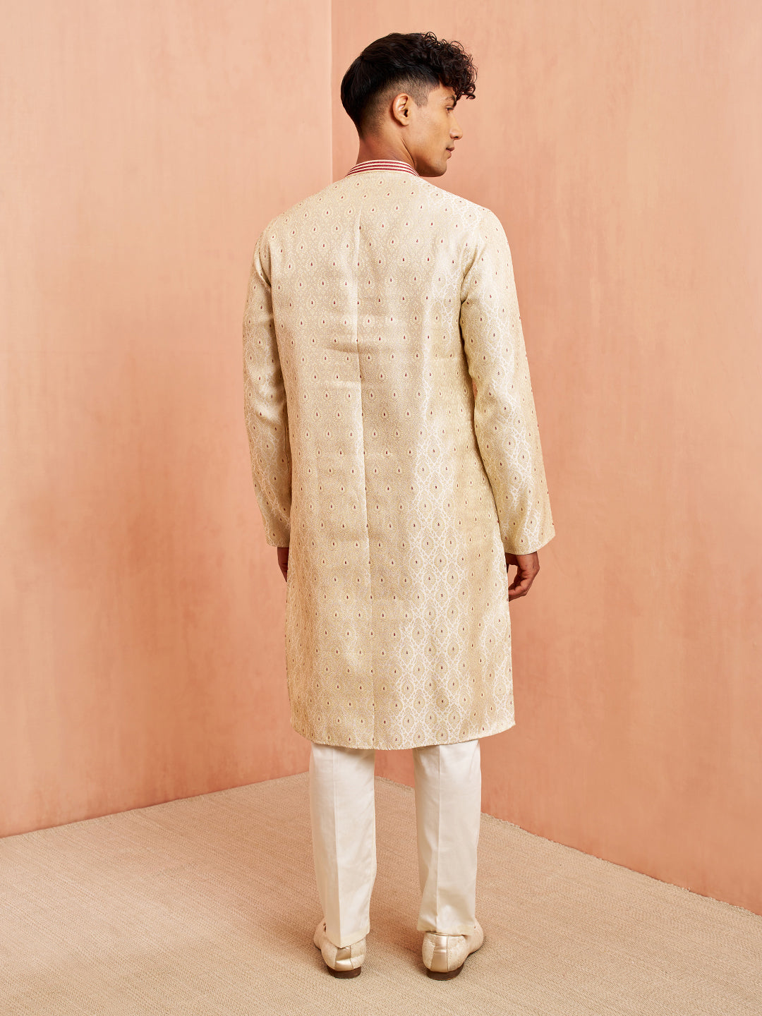 Men's Cream Maroon Jacquard Kurta Pyjama Set Zari Embroidery Wedding