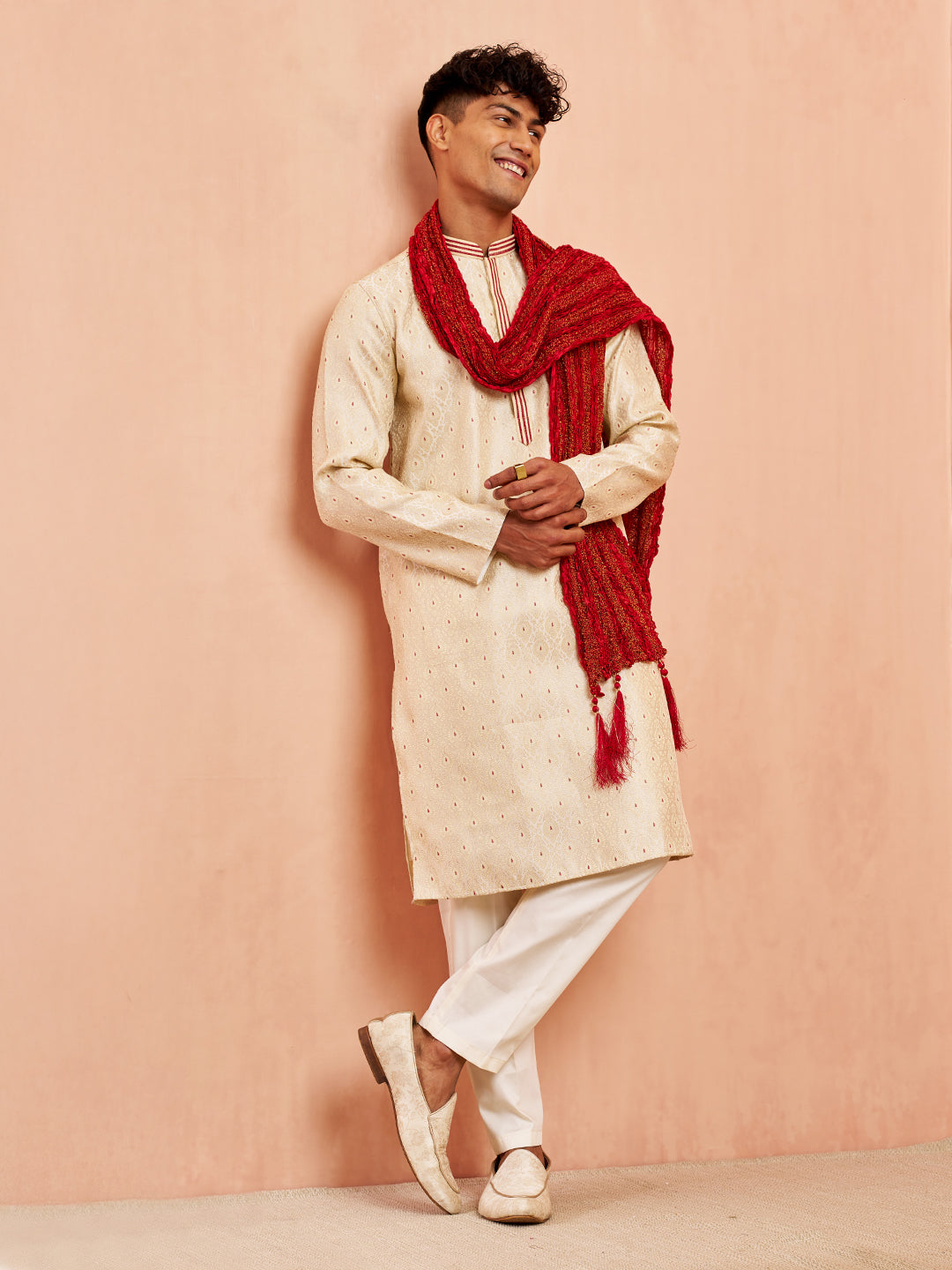 Men's Cream Jacquard Kurta Pyjama Dupatta Set