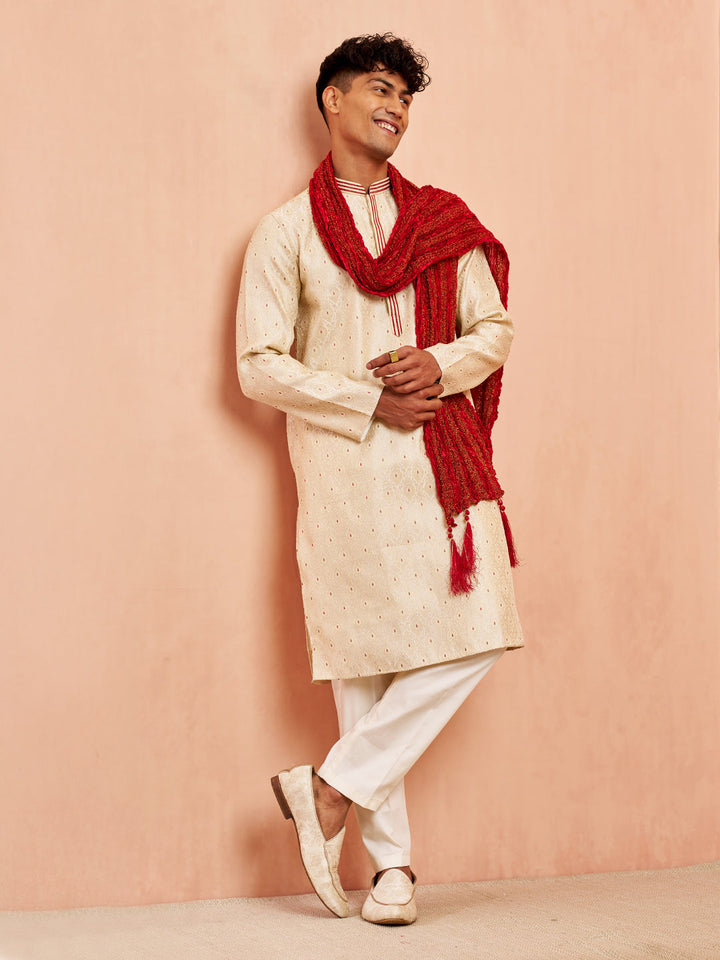 Men's Cream Jacquard Kurta Pyjama Dupatta Set