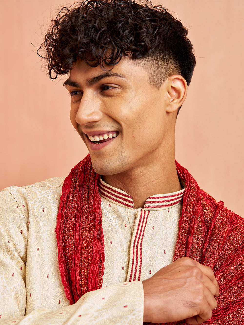 Men's Cream Jacquard Kurta Pyjama Dupatta Set