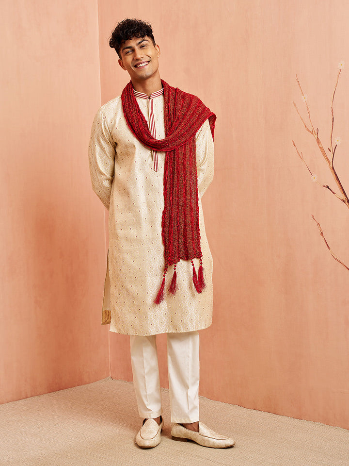 Men's Cream Jacquard Kurta Pyjama Dupatta Set