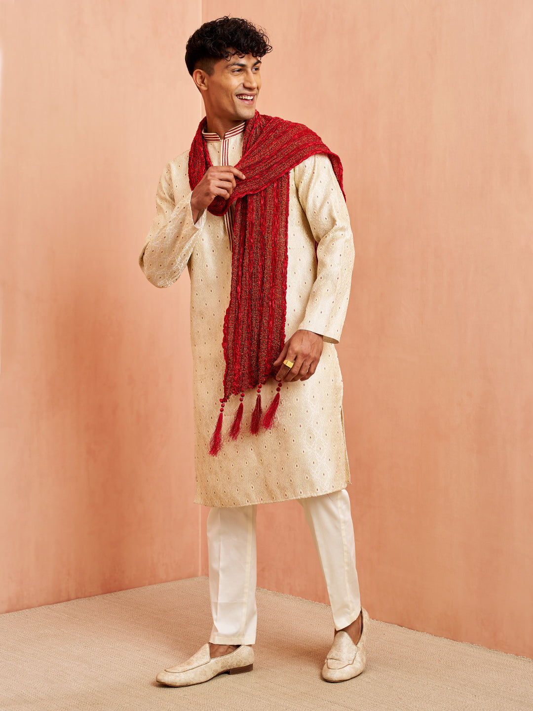 Men's Cream Jacquard Kurta Pyjama Dupatta Set