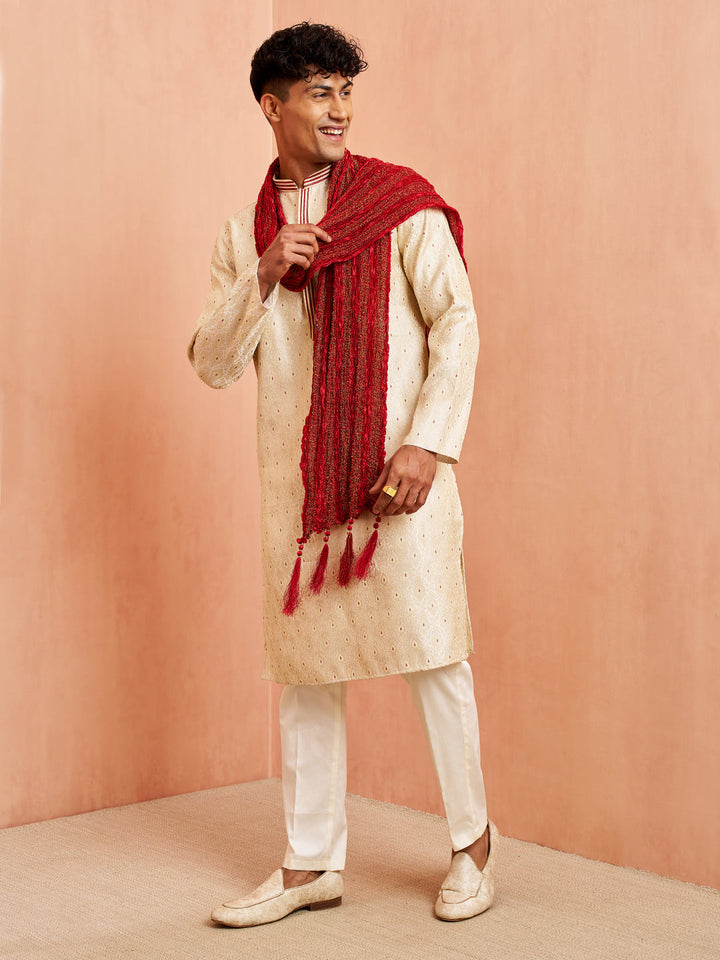 Men's Cream Jacquard Kurta Pyjama Dupatta Set